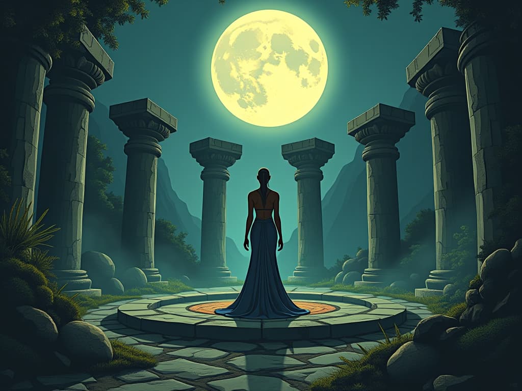  ancient stone circle under the full moon, surrounded by lush nature, ethereal light illuminating the scene, large busted priestess in a tight, form fitting gown standing at the center, absorbing nature's energy. the style is digital art illustration / modern comic book / mysterious occult, symbolic, esoteric vibe,high detail on character design, incorporating ancient egyptian symbology and attire.