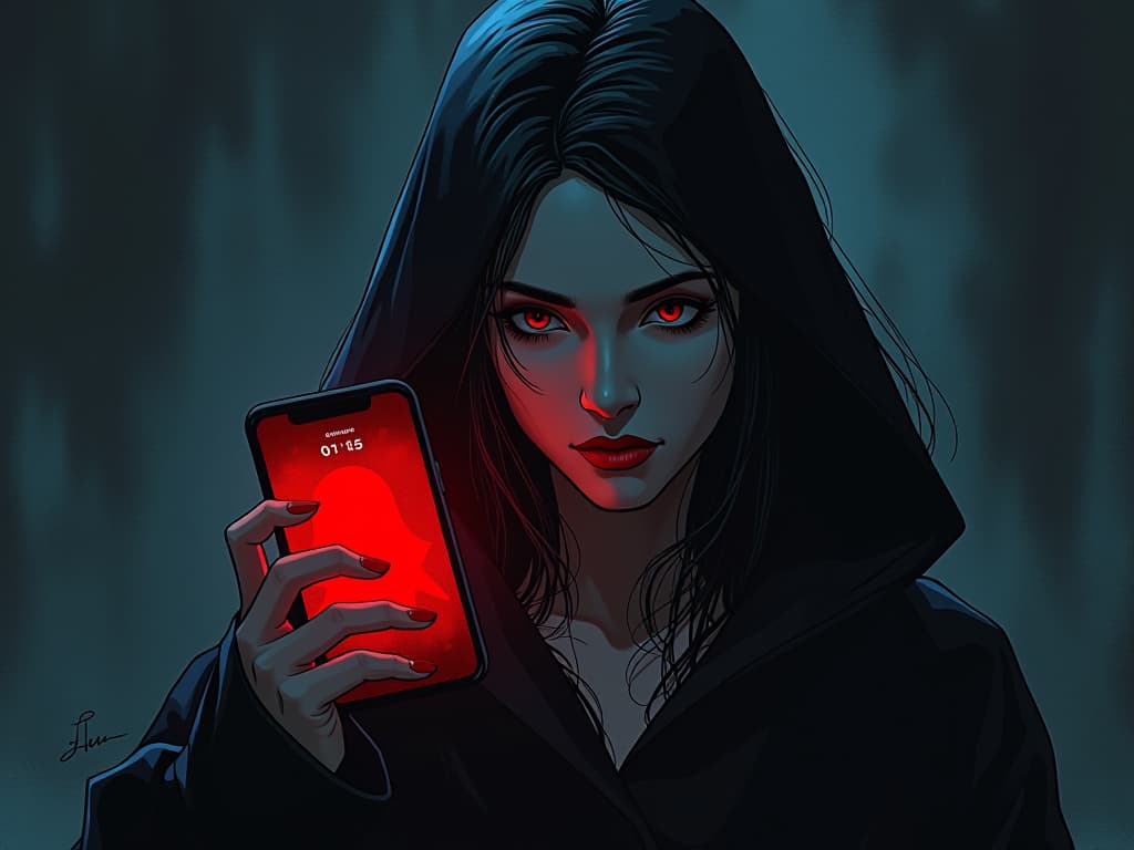  ghostly visage emerging from the past, name illuminated on phone screen, spectral memories resurfacing, nostalgic yet foreboding presence. the style is digital art illustration / modern comic book / graphic dark novel fantasy and mysterious occult, symbolic, moody lighting, esoteric vibe,high detail on character design. for the color scheme emphasize blacks and reds.