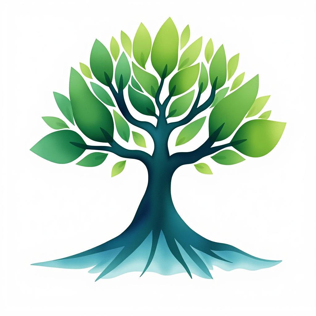  design a logo, style aquarelle, logo d'un arbre, vert et bleu