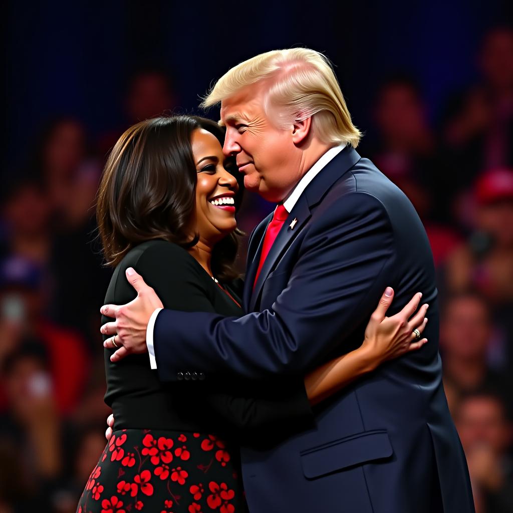  kamala harris and donald trump embracing onstage