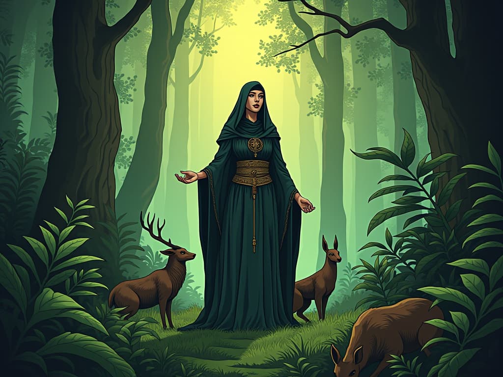  hildegard of bingen in a lush forest, surrounded by animals and plants, epitomizing interconnectedness. the style is digital art illustration / modern comic book / mysterious occult, symbolic, esoteric vibe,high detail on character design, incorporating ancient egyptian symbology and attire.