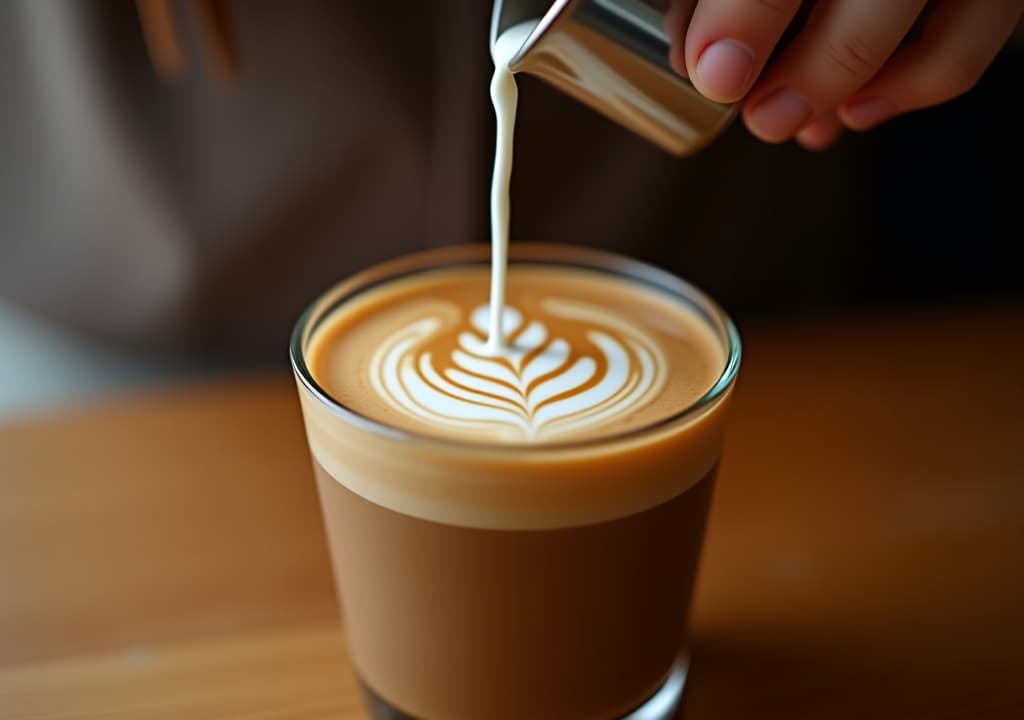  the art of latte. a skilled hand pours steamed milk into a coffee glass, creating an intricate latte art pattern on a warm and cozy backdrop