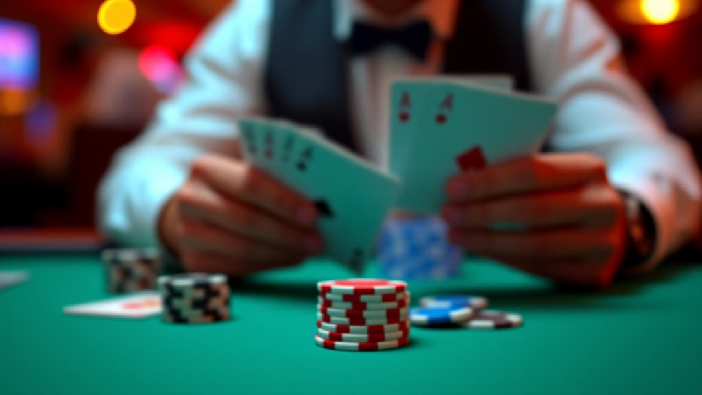  close up view of a poker player holding cards and poker chips on a casino table. the scene captures the essence of a high stakes poker game. vivid lighting creates an intense ambiance.