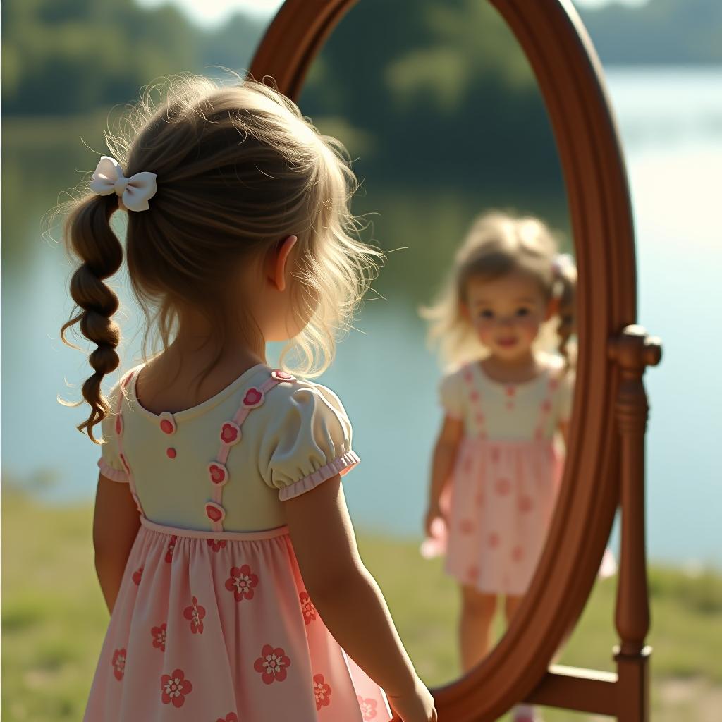  a little girl is standing in front of a mirror. in the background, there is a lake.