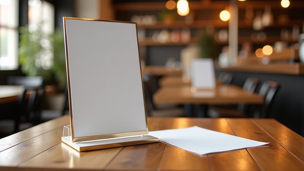  mockup of a menu frame in a bar restaurant, positioned on a wooden table with white sheets of paper and an acrylic tent card, against a blurred cafeteria background ar 16:9 {prompt}, maximum details