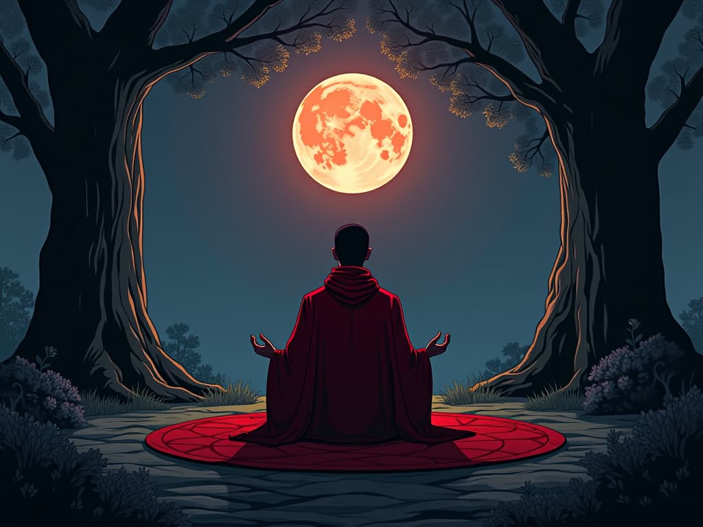  person in red robes, meditating in a moonlit grove, aura of deep commitment to change, peaceful and contemplative atmosphere. the style is digital art illustration / modern comic book / graphic dark novel fantasy and mysterious occult, symbolic, moody lighting, esoteric vibe,high detail on character design. for the color scheme emphasize blacks and reds.