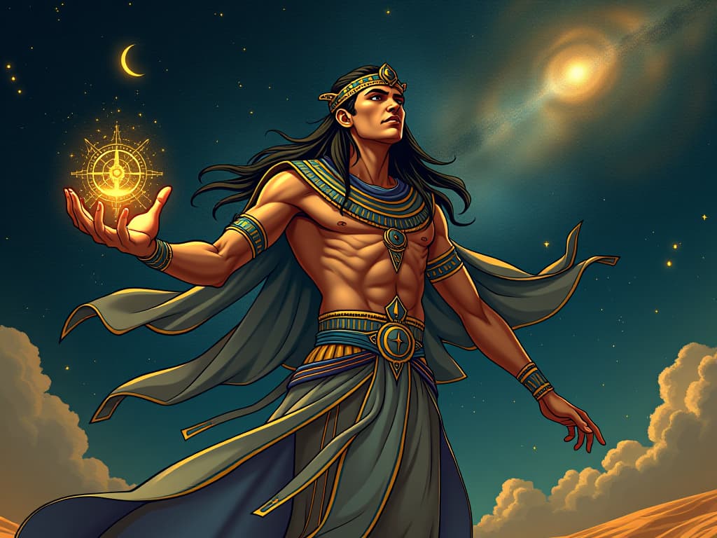  a celestial navigator, large busted in form fitting egyptian robe, gracefully moving through starry skies, an atmosphere of cosmic mastery and purpose. the style is digital art illustration / modern comic book / mysterious occult, symbolic, esoteric vibe,high detail on character design, incorporating ancient egyptian symbology and attire.