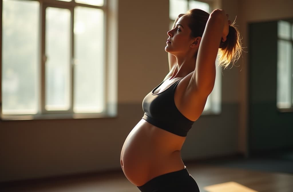  professional detailed photography, pregnant woman wearing sportswear stretching her neck and arms in a gym with sunlight ar 3:2, (muted colors, dim colors, soothing tones), (vsco:0.3)