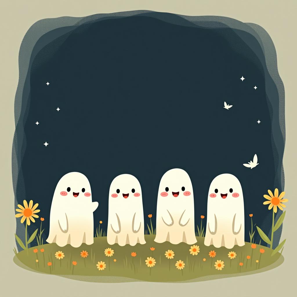  create a digital illustration featuring a row of four or five cute, cartoonish ghost characters, each with a different appearance, standing in different positions within sparse, life like wildflowers.