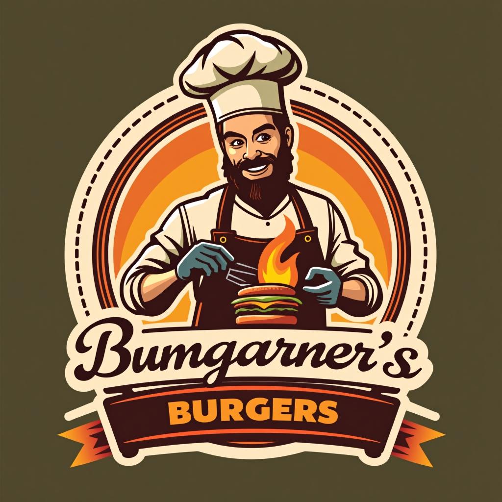  one guy cooking on a grill.bumgarner’s burgers, (logo), tasty, fresh, gourmet, culinary, chef hat, utensils, warm colors, elegant script, inviting, delicious