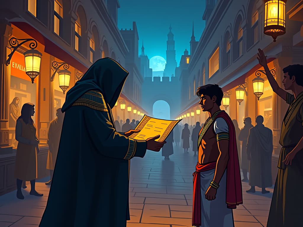  a bustling egyptian marketplace, vivid and lively, a mysterious figure cloaked in shadows offering a scroll to an intrigued merchant, unexpected opportunity in the night, transformative encounter. the style is digital art illustration / modern comic book / mysterious occult, symbolic, esoteric vibe,high detail on character design, incorporating ancient egyptian symbology and attire.