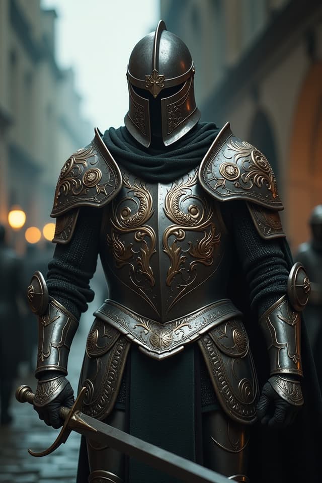  a full body armored fighter with intricate raised designs symbolizing jungle motifs, poised for battle in a dark, atmospheric old english city. the armor gleams under cinematic lighting, reflecting the warm glow of flickering firelight, enhancing the details of the ornate patterns. the fighter grips a sword, with a menacing yet determined expression visible through the helmet, ready to engage in war, surrounded by shadowy stone buildings that evoke a sense of ancient history.