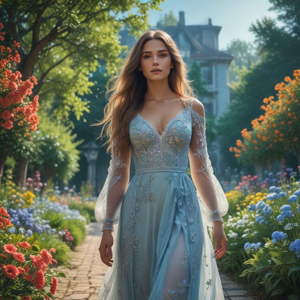 ((masterpiece)),(((best quality))), 8k, high detailed, ultra detailed,A beautiful woman, long flowing hair, elegant dress, standing in a lush garden, surrounded by colorful flowers, under a clear blue sky hyperrealistic, full body, detailed clothing, highly detailed, cinematic lighting, stunningly beautiful, intricate, sharp focus, f/1. 8, 85mm, (centered image composition), (professionally color graded), ((bright soft diffused light)), volumetric fog, trending on instagram, trending on tumblr, HDR 4K, 8K