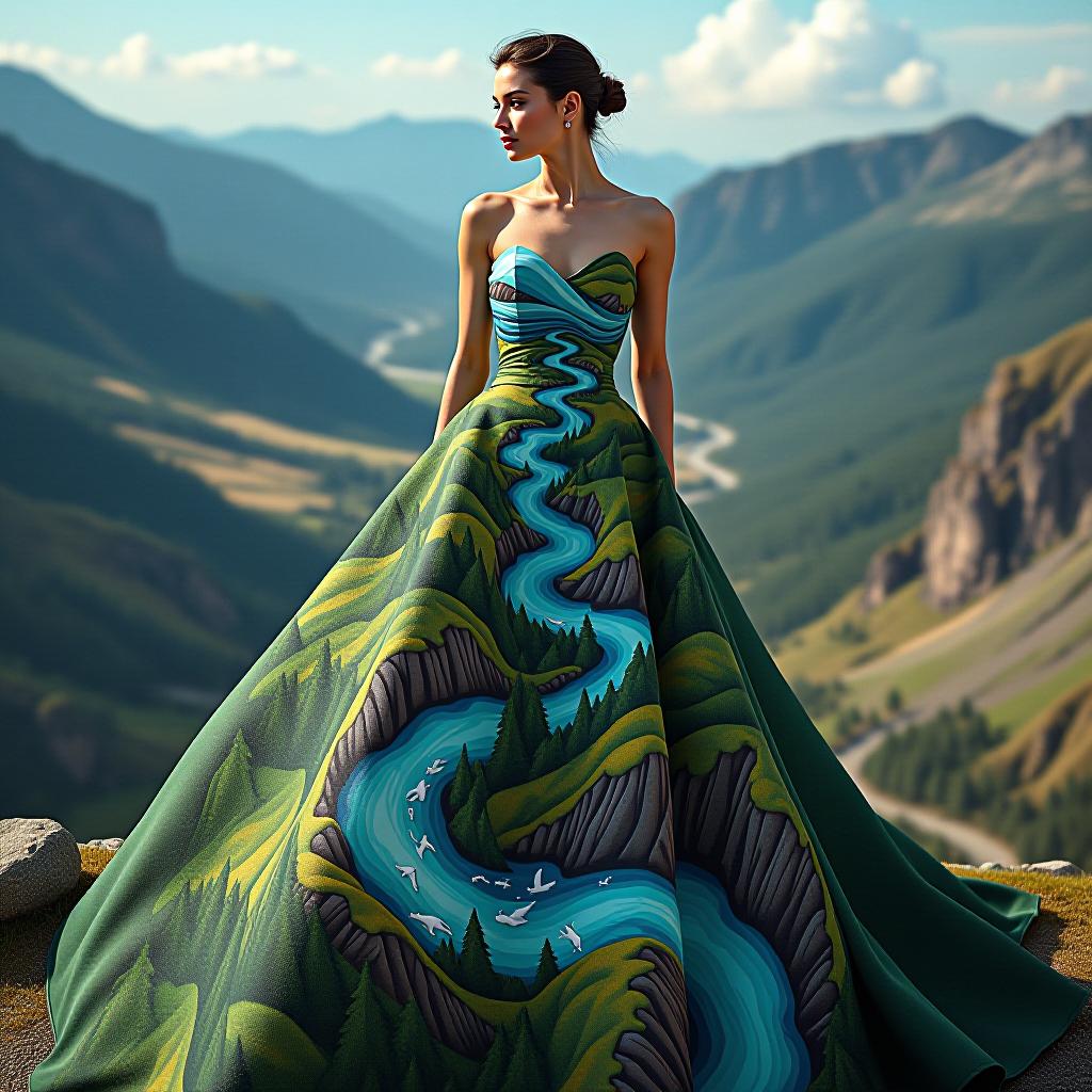  a couture dress resembling a beautiful landscape with flowing rivers and mountains in an avant garde style on a brunette girl, seen from a bird's eye perspective.