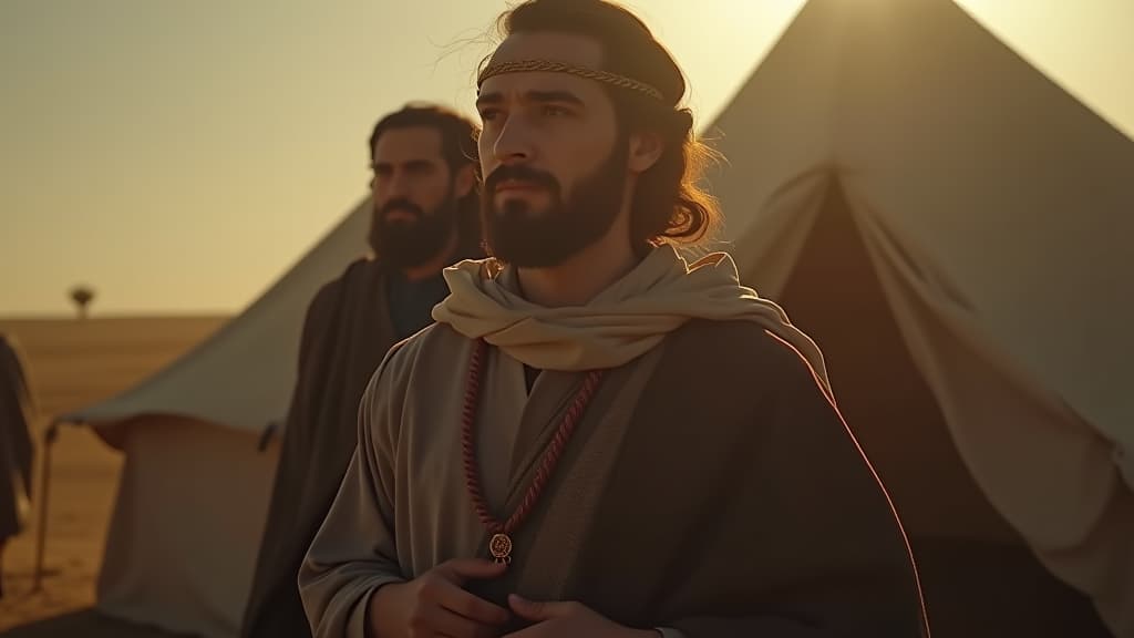  history of biblical times, the servant of abraham, dressed modestly, looking thoughtful as he stands outside the tent contemplating his mission. hyperrealistic, full body, detailed clothing, highly detailed, cinematic lighting, stunningly beautiful, intricate, sharp focus, f/1. 8, 85mm, (centered image composition), (professionally color graded), ((bright soft diffused light)), volumetric fog, trending on instagram, trending on tumblr, HDR 4K, 8K