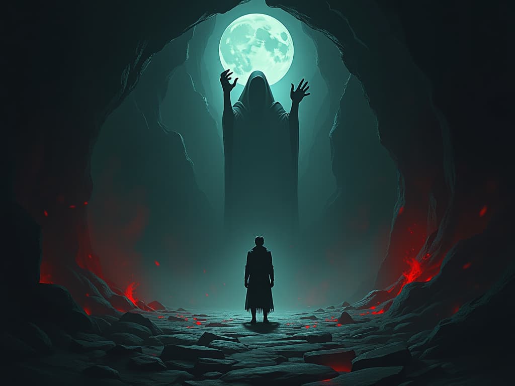  dark cavern, character alone, surrounded by ghostly reminders of guilt and shame, atmosphere of compounded emotions. the style is dark fantasy and mysterious occult, symbolic, moody lighting, esoteric vibe,high detail on character design. for the color scheme emphasize blacks and reds.