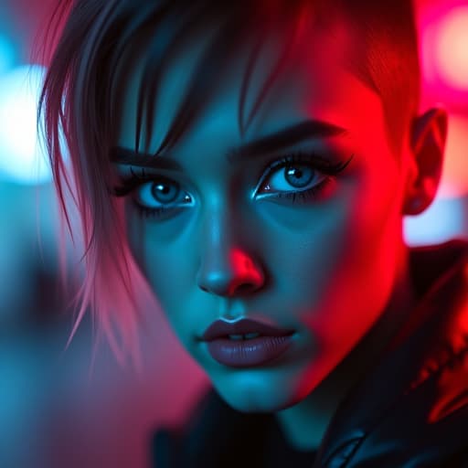  ultra realistic close up portrait ((beautiful pale cyberpunk female with heavy black eyeliner)), blue eyes, shaved side haircut, hyper detail, cinematic lighting, magic neon, dark red city, canon eos r3, nikon, f/1.4, iso 200, 1/160s, 8k, raw, unedited, symmetrical balance, in frame, 8k hyperrealistic, full body, detailed clothing, highly detailed, cinematic lighting, stunningly beautiful, intricate, sharp focus, f/1. 8, 85mm, (centered image composition), (professionally color graded), ((bright soft diffused light)), volumetric fog, trending on instagram, trending on tumblr, HDR 4K, 8K