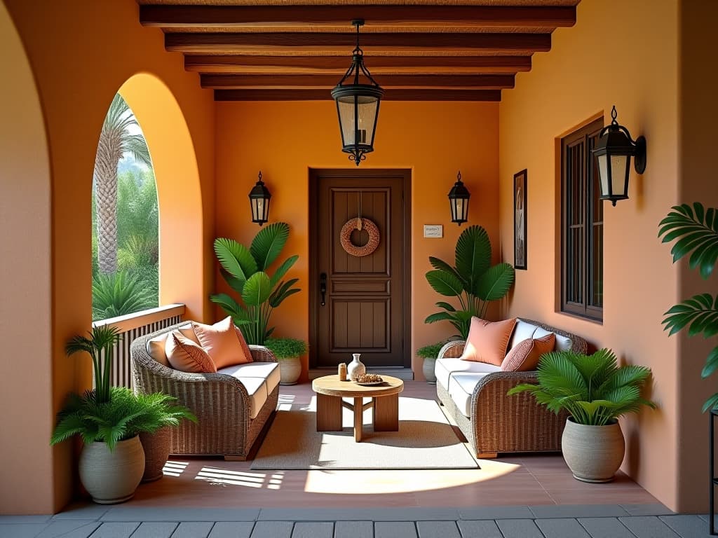  this unedited 8k photograph showcases a stunningly beautiful, hyperrealistic view of a covered porch area, designed in the mediterranean style with its warm colors, natural textures, rustic elements, and a relaxed ambiance. captured using a 24mm f/1.4 wide angle lens, the image features sharp focus, symmetrical balance, and intricate, densely furnished decorations. the professionally color graded photo is enhanced by bright, soft, diffused light, providing a highly detailed, hdr, and establishing point of view of the welcoming entrance.