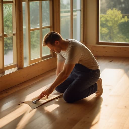 A photo of a skilled flooring installer meticulously measuring and cutting wood planks in a spacious, sunlit living room during late morning with soft, golden light filtering through large windows, casting warm shadows across the room.