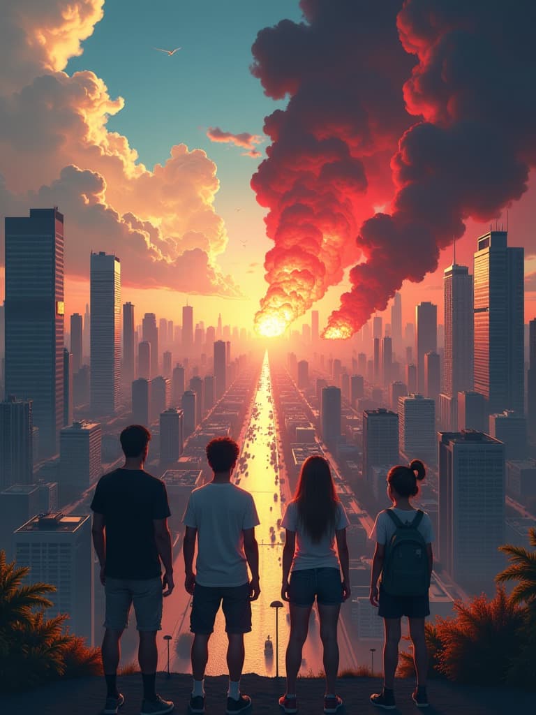  four characters (one guy in a black t shirt, one girl in a white shirt, one guy in a white plaid shirt and one girl with a backpack) stand with their backs to the viewer, looking into the distance at a huge, war torn city, at the explosions. the world is visually divided into two halves: on one side, pre war life is depicted with tall modern buildings and a peaceful sky; on the other, post war life with crumbling ruins, smoke and a dark red sky. the characters are located in the central lower part of the image, facing the horizon, where the two halves converge, which symbolizes the intersection of two realities. the city stretches far into the distance, emphasizing the enormous scale of destruction and survival. two men stand on the left an