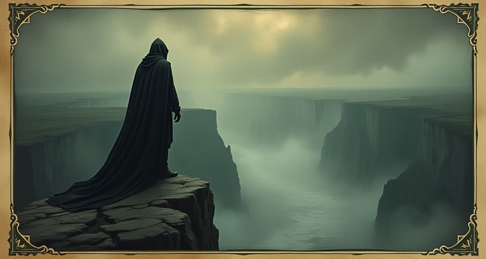  a serene warrior cloaked in silence, standing on a cliff's edge overlooking a vast chasm, aura of quiet strength, defiance against the storm. an illustration in the style of a worn, mystical old tarot trump card, mysterious and elements of surrealism. the colors are muted, somber and eerie, but with contrast bring out an occult and esoteric vibe.