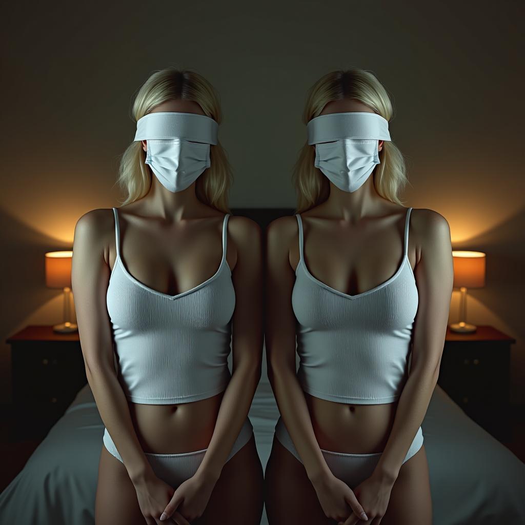  sylvia and crystal , blonde hair, standing with hands behind their backs in a bedroom, wearing blindfolds and facing the camera cinematic lighting, social realism, , surgical mask, sad, photo realistic, highly intricate and detailed, masterpiece, ultra high res,photography,8k resolution