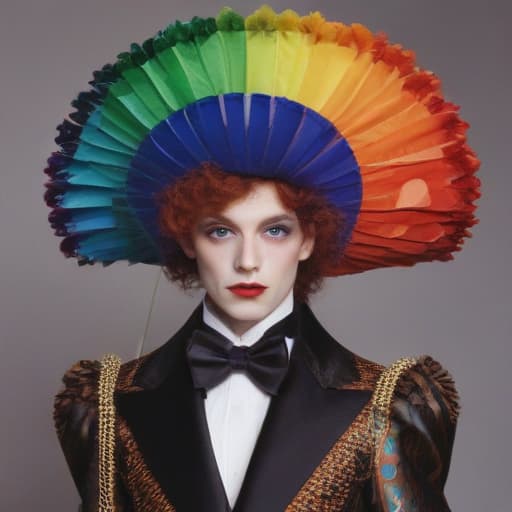 Rainbow twink man in lady wig makeup Cupid’s bow lipstick cowboy top hat and headdress tuxedo with spur whore Elizabethan collar wand parasol peacock dress by Rembrandt