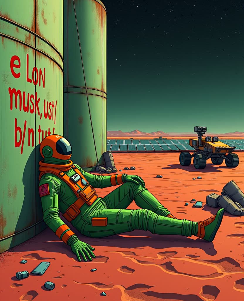  a science fiction illustration. front view of a green humanoid in a orange and green suit lying on the ground, wall of an industrial facilitie with cisterns. fields of solar panels at horizon. mutliple graffiti on walls, a red hand written spray can graffiti saying "e lon m usk b b| n tut !"; industrial complex, metalic green walls covered with rust, red sand, mars rover on the side, broken mecanials parts against a wall, trash on the ground; the background is a night sky stars constellation in dark sky. hyperrealistic, full body, detailed clothing, highly detailed, cinematic lighting, stunningly beautiful, intricate, sharp focus, f/1. 8, 85mm, (centered image composition), (professionally color graded), ((bright soft diffused light)), volumetric fog, trending on instagram, trending on tumblr, HDR 4K, 8K