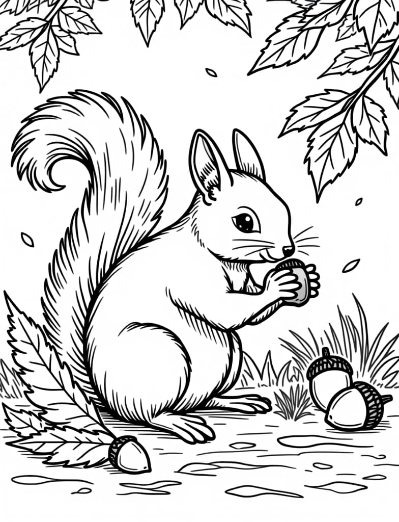  a squirrel gathering acorns on an autumn day, black and white line art on a white background, for an adult coloring page.