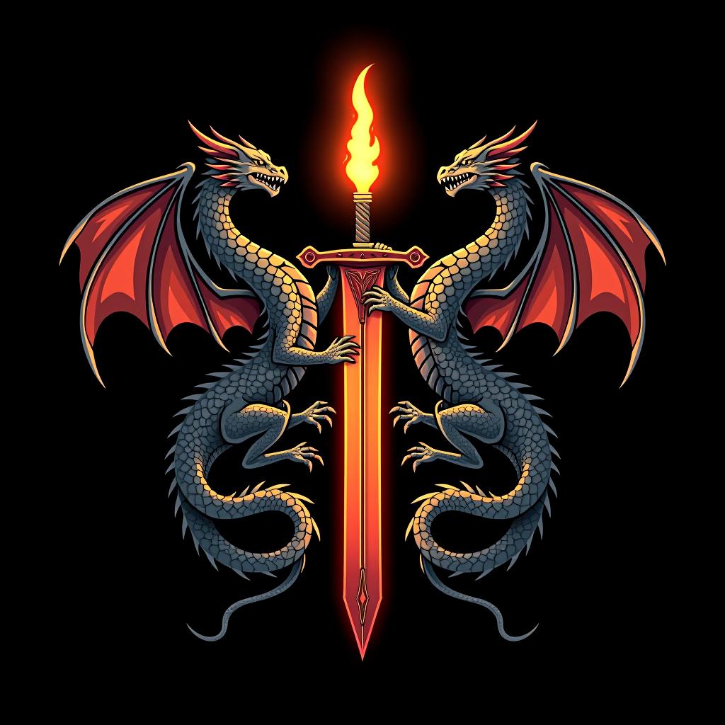  design a logo, custom sticker design on an isolated black background decorated by mythical dragons and a flaming sword