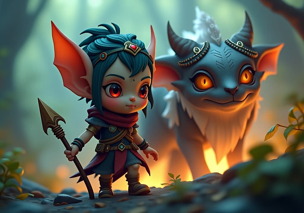  **grimdark mystic cute awesome tribal elf travelling alongside a majestic earth elemental, close up view, anime style, high fantasy, digital art, masterpiece painting, ultra detailed, ultra high definition, 8k resolution, 3d shading, superior quality, cover ilration, complex design, luminous highlights, rich vint colours, hyperrealistic, meticulously hyper detailed, high contrast, artstationhyper detail, intricate details, sharp focus, high resolution, 8k, ultra detailed, vib