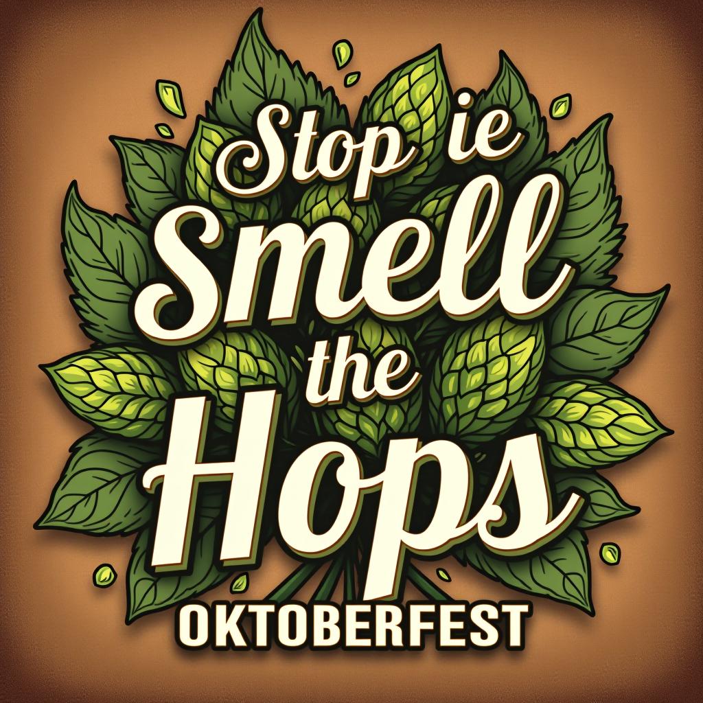  cheerful 'stop and smell the hops.' in wavy font with hop flower and rustic textures. place the word oktoberfest at the bottom of the image