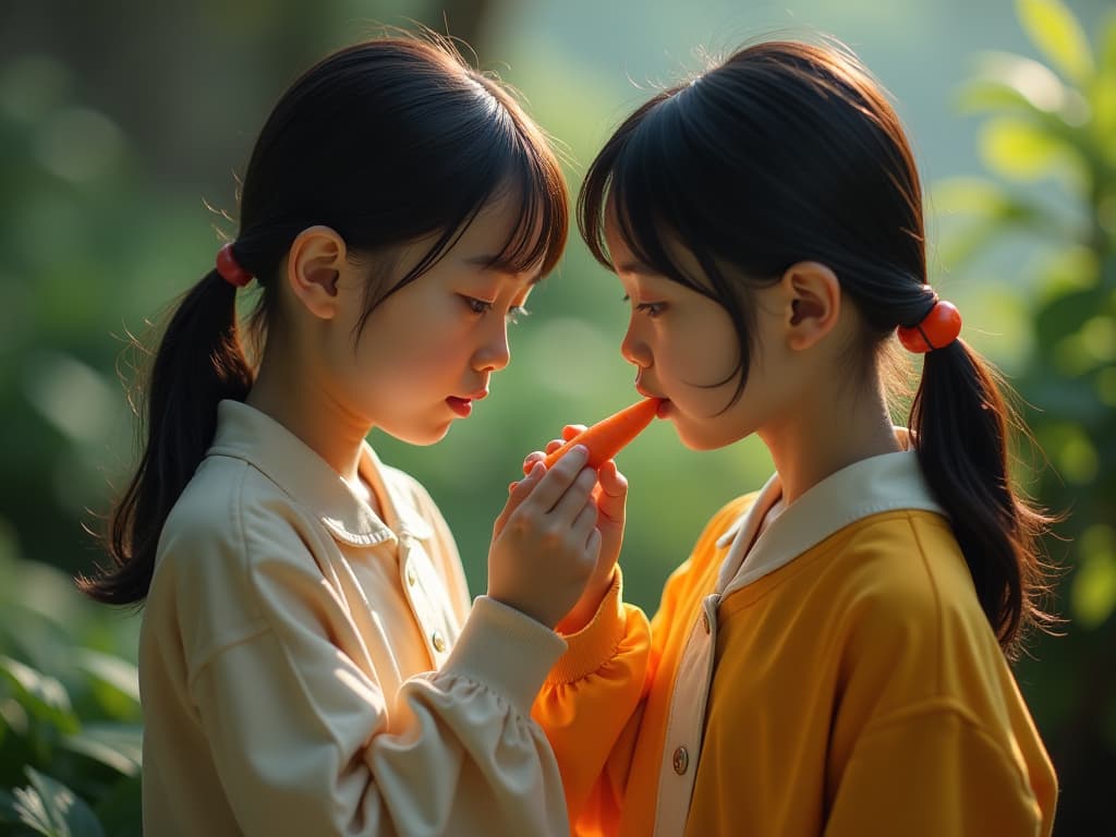  a korean girl doing with a . the putting a carrot in girl's  hyperrealistic, full body, detailed clothing, highly detailed, cinematic lighting, stunningly beautiful, intricate, sharp focus, f/1. 8, 85mm, (centered image composition), (professionally color graded), ((bright soft diffused light)), volumetric fog, trending on instagram, trending on tumblr, HDR 4K, 8K