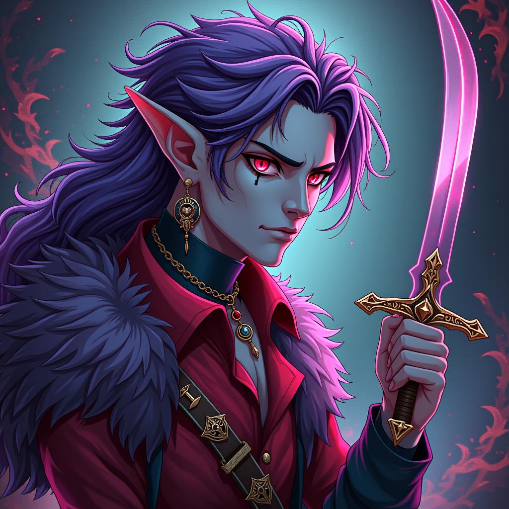  psychedelic style a dark elf male pirate with a saber in his right hand marble white skin, purple scarlet hair, lavender eyes with a red tint, dressed in a red violet shirt embroidered with red gold over the shirt wears a leather coat with a fur collar of dark scarlet, disheveled hair. an earring in the right ear, in the shape of a month. tattoo of a jagged crescent moon near the left eye socket the crescent moon is turned towards the eye . vibrant colors, swirling patterns, abstract forms, surreal, trippy hyperrealistic, full body, detailed clothing, highly detailed, cinematic lighting, stunningly beautiful, intricate, sharp focus, f/1. 8, 85mm, (centered image composition), (professionally color graded), ((bright soft diffused light)), volumetric fog, trending on instagram, trending on tumblr, HDR 4K, 8K