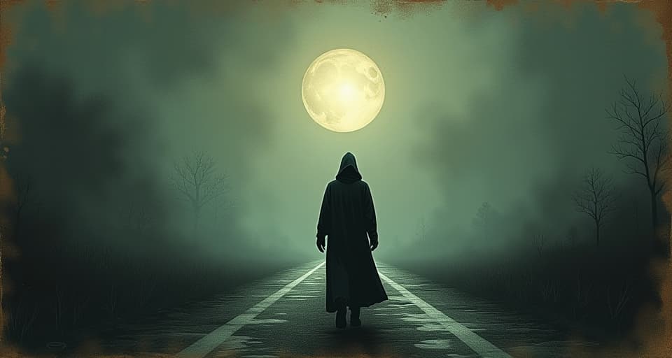  a lone wanderer standing at a crossroad, cloaked in shadows, surrounded by mist, ethereal glow, sense of introspection, journey, decision making. an illustration in the style of a worn, mystical old tarot trump card, mysterious and elements of surrealism. the colors are muted, somber and eerie, but with contrast bring out an occult and esoteric vibe.