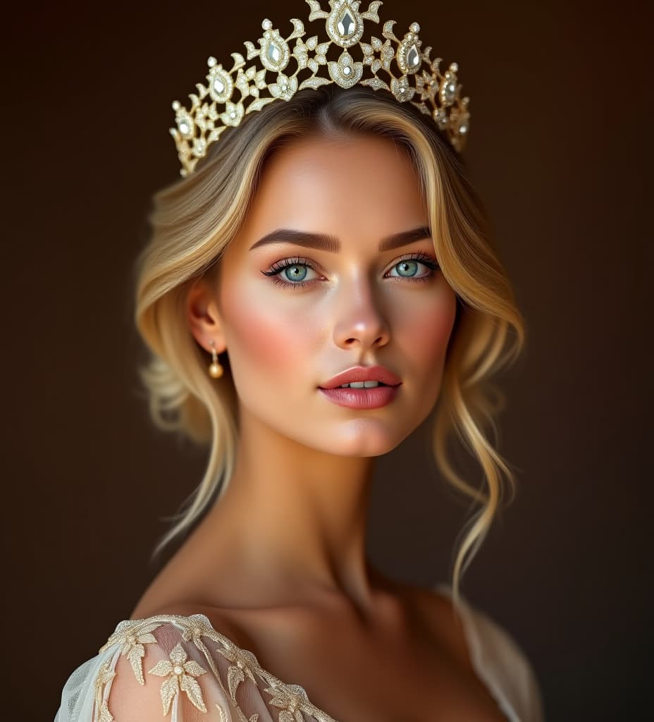  she is tall girl. she had slim hourglass, slender body. she has tanned skin. straight dirty blonde hair. she has blue eyes. she is slim. she has small upturned nose. she has jawline and diamond face shape. her height is 177cm. she is a beautiful princess. make her also look like princess, with beautoful background and her dress and crown to be with a lot of diamonds and fully golden.