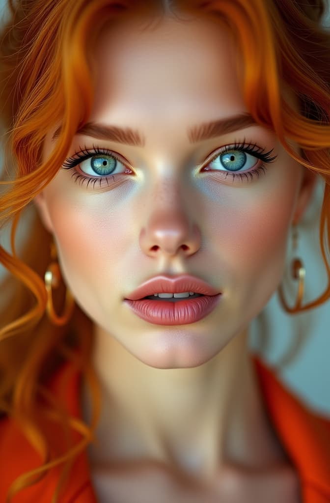  a beautiful model with red hair and blue eyes, wearing earrings, closeup of her face in a full front portrait against a light background in the style of ultrarealistic photo with an orange color scheme depicted with high definition and natural lighting. the portrait shows complex detail and super detailed, fine, realistic skin texture.. hyperrealistic, full body, detailed clothing, highly detailed, cinematic lighting, stunningly beautiful, intricate, sharp focus, f/1. 8, 85mm, (centered image composition), (professionally color graded), ((bright soft diffused light)), volumetric fog, trending on instagram, trending on tumblr, HDR 4K, 8K