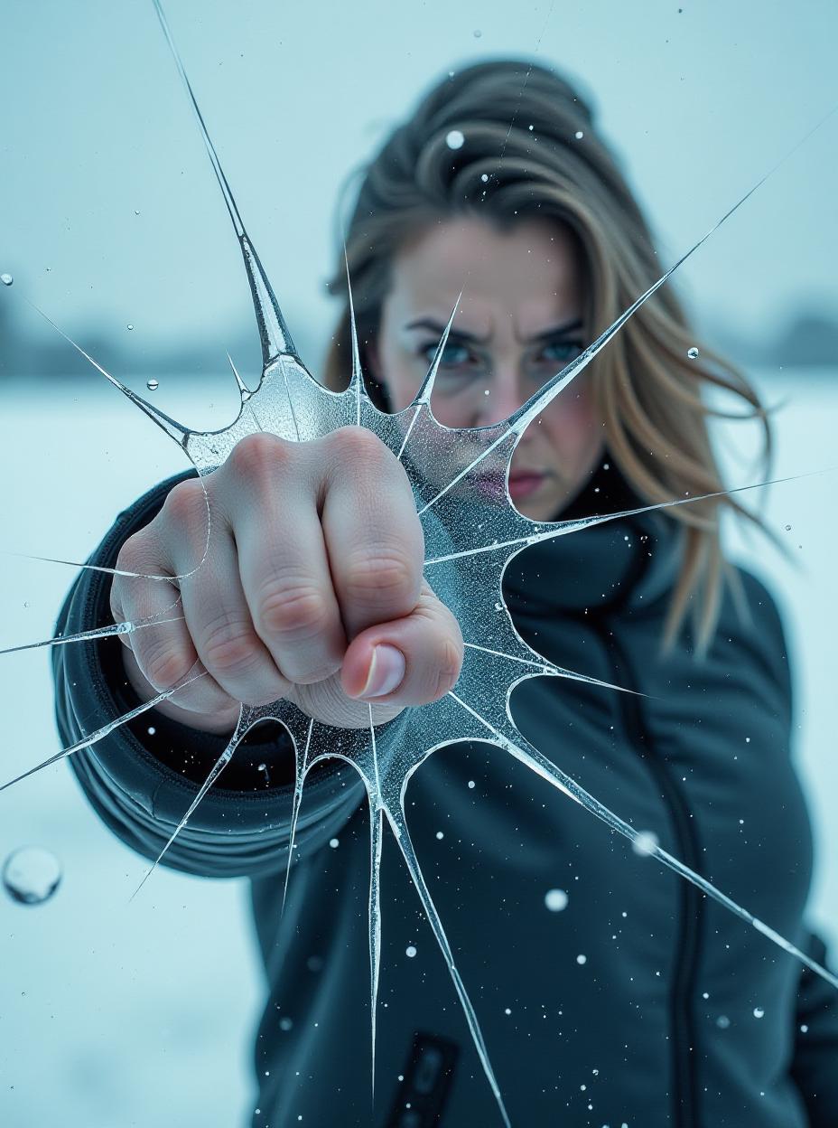  surreal art, an angry woman dramatically punches through a cracked ice curtain that covers the screen and separates her from the viewer. her faded figure facing the viewer and looking over her fist is obscured by the solid ice sheet. all that is visible is a close up of her extended left arm and her fist breaking the ice apart with a thundering blow leaving behind motion trails. the entire image is covered in a thin sheet of ice except the area around the woman's fist. her knuckles appear bruised due to the impact <lora:dever flux enhancer:0.5>, high quality, high details, hd, perfect composition, 4k epic detailed, highly detailed, sharp focus, high resolution