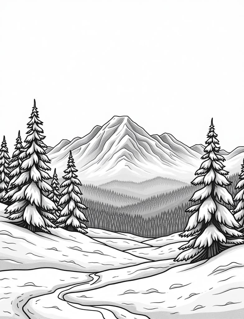  this is for an adult coloring page. a detailed black and white line art of a snowy snowy landscape with a distant view of a mountain range on a solid white background.