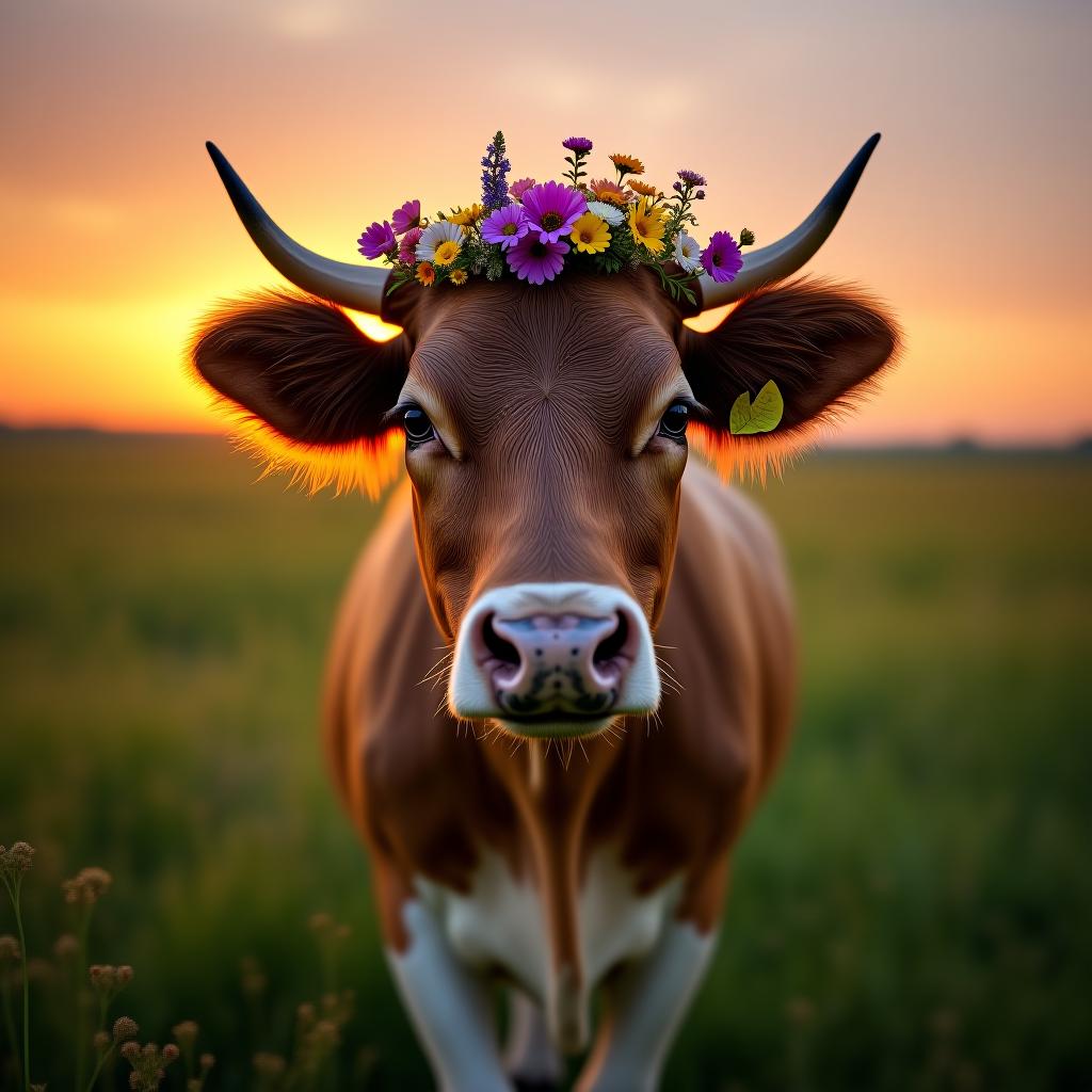  a cow in a meadow at sunset with a crown of wildflowers on its head.