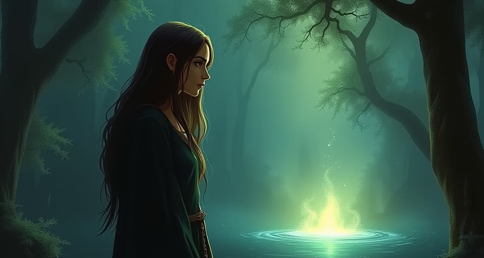  a wise druidess in a glowing forest, looking pensive as she gazes into a radiant pool. the ambient light reflecting in her eyes suggests a creeping unease, hinting at deeper truths.. the style is digital art illustration,highly detailed, whimsical,magical, dreamlike atmosphere, realism and fantasy blend, smooth, glossy textures,luminous quality, wonder and enchantment.