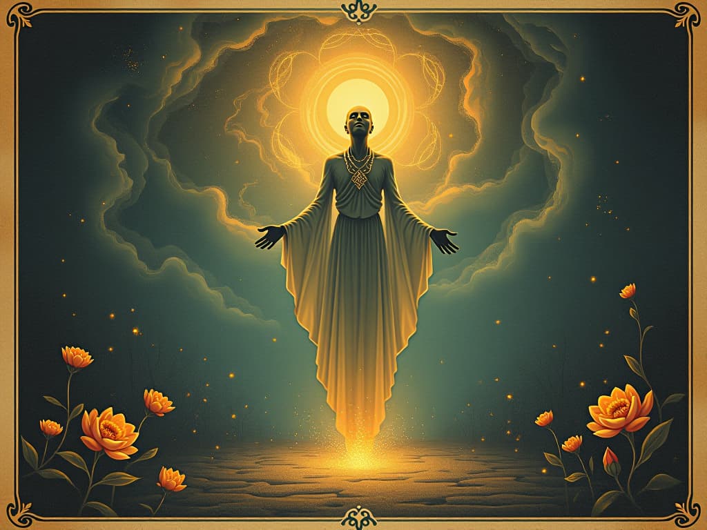  a radiant figure standing on a path of light, surrounded by blossoming flowers and swirling energy, light emanating from the figure's core, enlightened, ascendant. an illustration in the style of a worn, mystical old tarot trump card, mysterious and elements of surrealism. the colors are muted, somber and eerie, but with contrast bring out an occult and esoteric vibe.