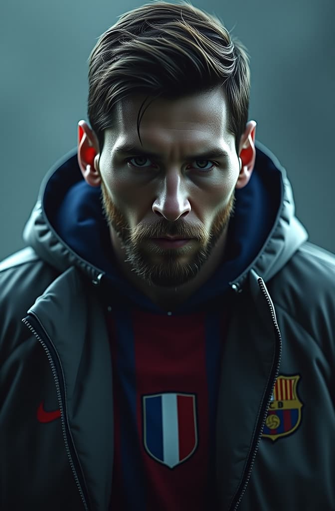  messi hyperrealistic, full body, detailed clothing, highly detailed, cinematic lighting, stunningly beautiful, intricate, sharp focus, f/1. 8, 85mm, (centered image composition), (professionally color graded), ((bright soft diffused light)), volumetric fog, trending on instagram, trending on tumblr, HDR 4K, 8K