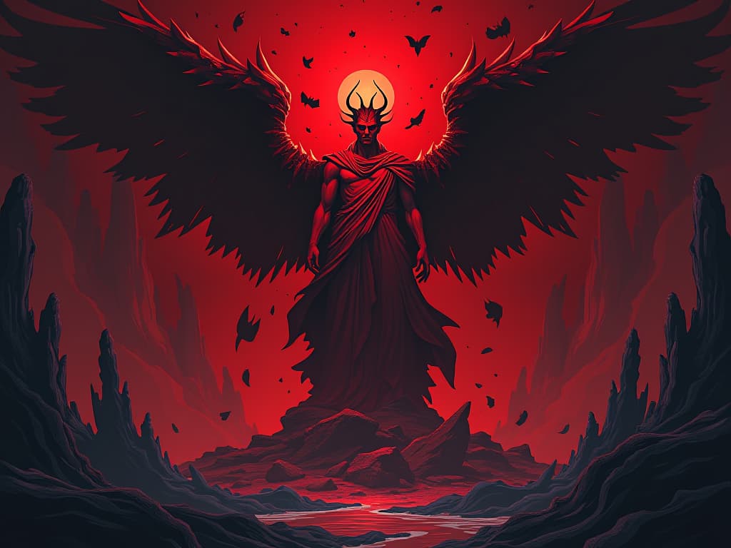  magnificent red statue, beginning to crack and crumble, pieces falling away, a sense of inevitable destruction. the style is digital art illustration / modern comic book / graphic dark novel fantasy and mysterious occult, symbolic, moody lighting, esoteric vibe,high detail on character design. for the color scheme emphasize blacks and reds.