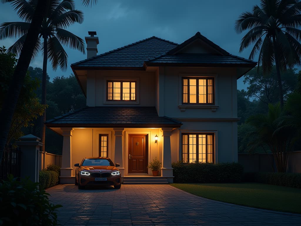  a house in india at dark night time. they are street light. they are a indian car the image focas on the house. the car. youtube thumbnile size hyperrealistic, full body, detailed clothing, highly detailed, cinematic lighting, stunningly beautiful, intricate, sharp focus, f/1. 8, 85mm, (centered image composition), (professionally color graded), ((bright soft diffused light)), volumetric fog, trending on instagram, trending on tumblr, HDR 4K, 8K