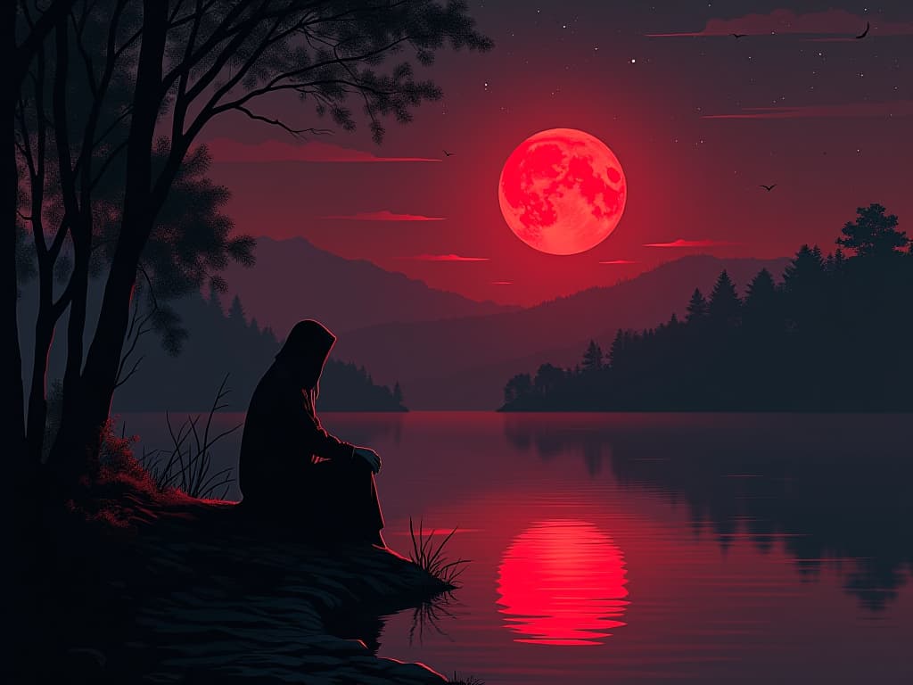  figure in red, sitting by a reflective pond, looking at the stars, mood of reevaluation and conscious effort for positive opportunities. the style is digital art illustration / modern comic book / graphic dark novel fantasy and mysterious occult, symbolic, moody lighting, esoteric vibe,high detail on character design. for the color scheme emphasize blacks and reds.