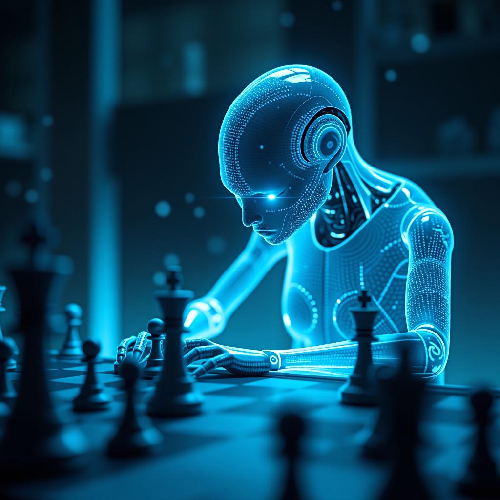  create a high quality, photorealistic image that vividly depicts the following scene: an ultra detailed shot of ai "deep blue" as a sleek hyperrealistic anthropomorphic figure with an icy blue glow from its translucent body. eyes emitting probing laser like light, performing binary calculations represented by streams of glowing code, symbolizing 200 million per second analysis. setting is a contrasting fusion of a chaotic chessboard, chess pieces defying gravity, scrambled in mid air, and an austere silicon valley lab. shot with red helium 8k, zeiss 35mm prime, f/1.4, iso 250, 1/200s, vlog, unedited, with a visually dynamic composition. the image should: focus on the specific actions, emotions, and elements described in the  hyperrealistic, full body, detailed clothing, highly detailed, cinematic lighting, stunningly beautiful, intricate, sharp focus, f/1. 8, 85mm, (centered image composition), (professionally color graded), ((bright soft diffused light)), volumetric fog, trending on instagram, trending on tumblr, HDR 4K, 8K