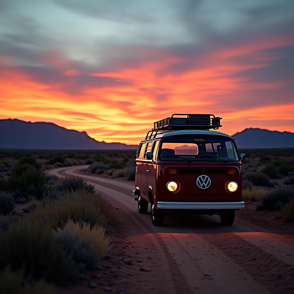  a vintage van traveling, nomadic escape alone in nature at sunset, on a desert path for a road trip towards adventure and freedom