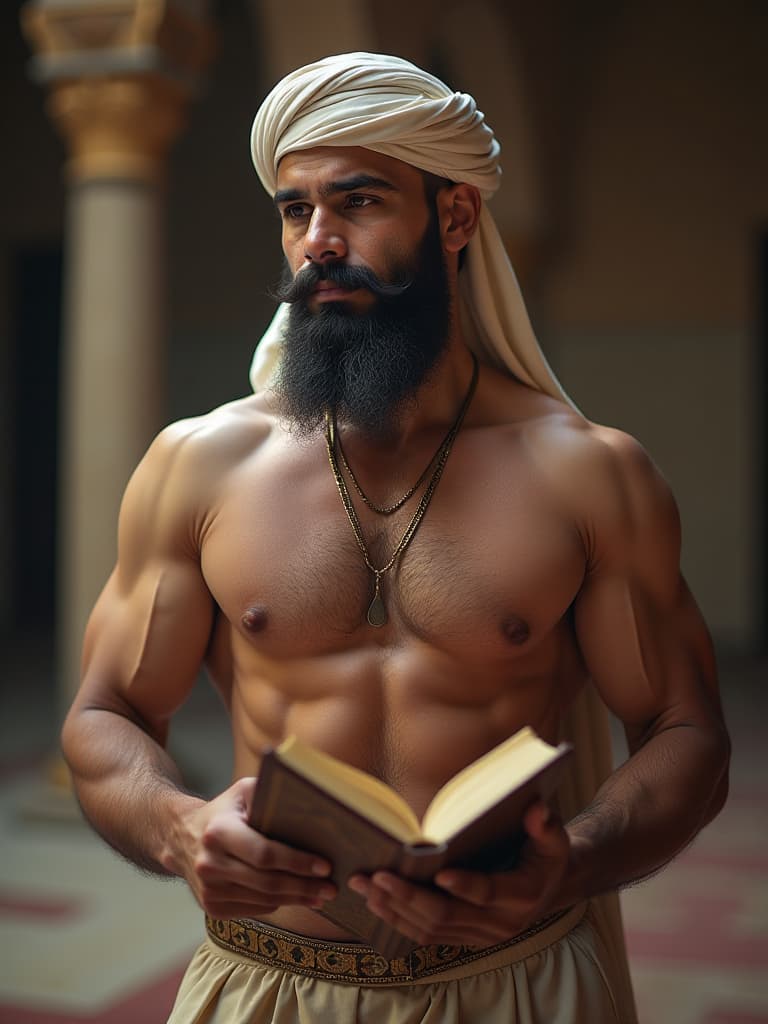  the indian muslim man, shirtless, showcasing his muscular physiques. the man is wearing a muslim round taqiyah and showing qur'an book, the muslim long beard without moustache, masjid background, portrait size hyperrealistic, full body, detailed clothing, highly detailed, cinematic lighting, stunningly beautiful, intricate, sharp focus, f/1. 8, 85mm, (centered image composition), (professionally color graded), ((bright soft diffused light)), volumetric fog, trending on instagram, trending on tumblr, HDR 4K, 8K