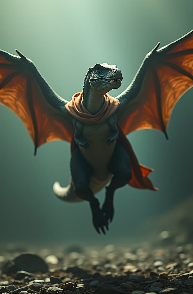  flying fierce dinosaur hyperrealistic, full body, detailed clothing, highly detailed, cinematic lighting, stunningly beautiful, intricate, sharp focus, f/1. 8, 85mm, (centered image composition), (professionally color graded), ((bright soft diffused light)), volumetric fog, trending on instagram, trending on tumblr, HDR 4K, 8K